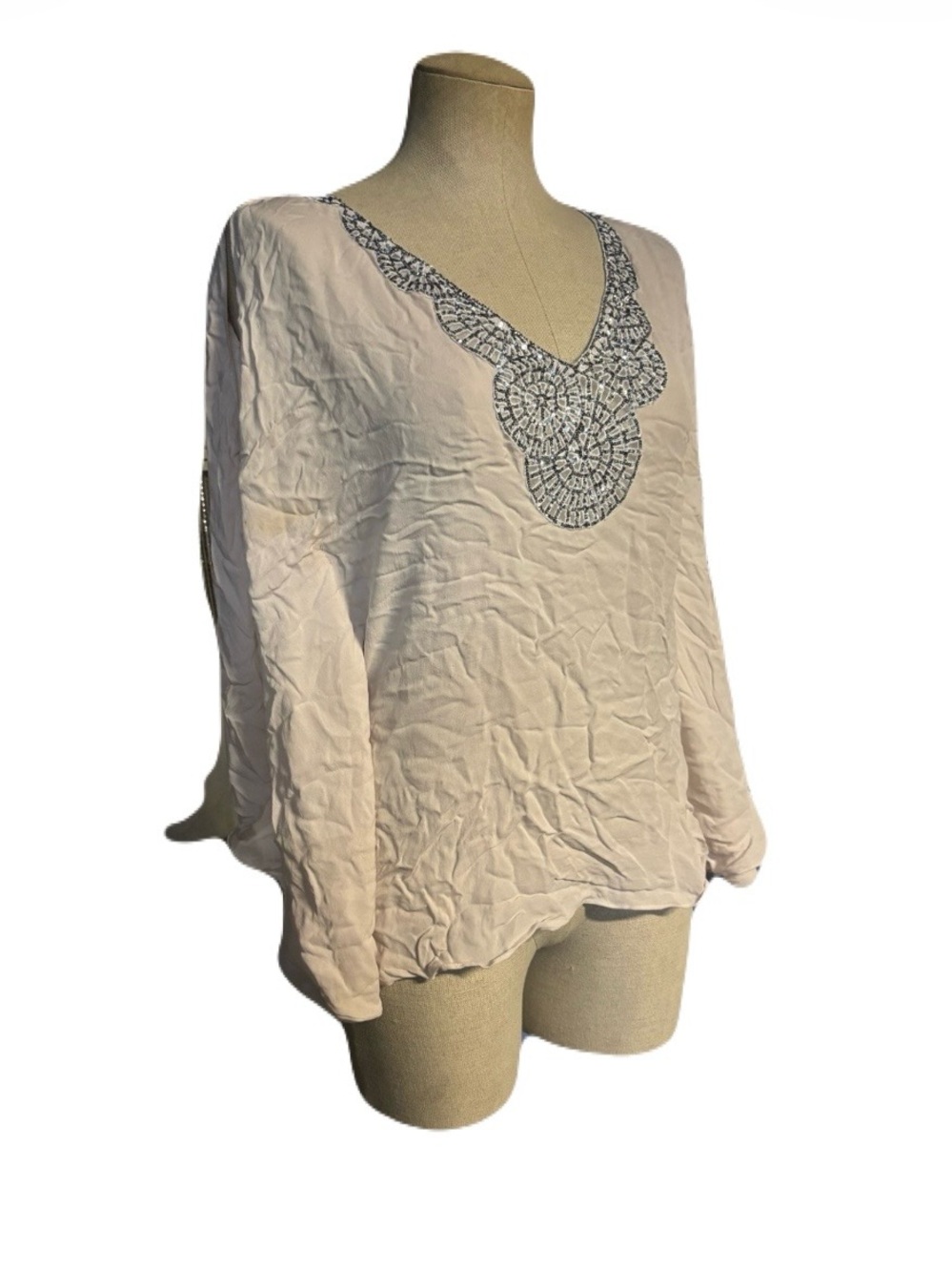 BCBG Ivory V-Neck Beaded Tunic Blouse
